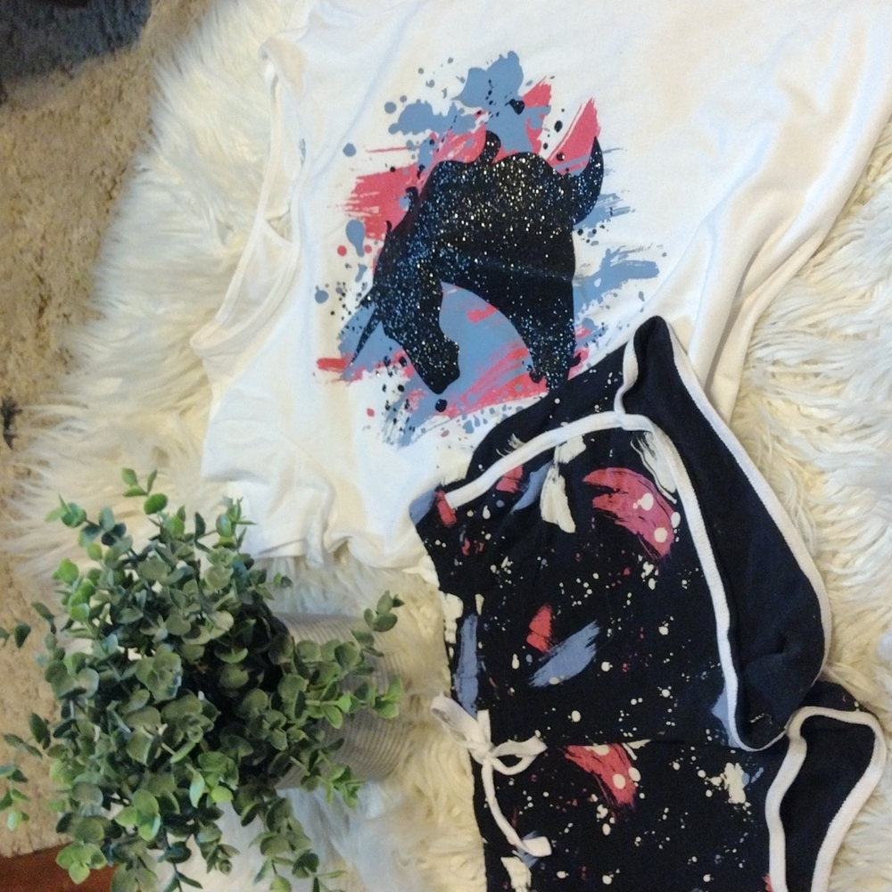 Justice paint splatter shorts and unicorn paint splatter shirt